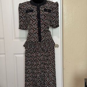 Vintage EVANNA Black and Pink Floral 2 Piece Pleated Skirt and Top Set